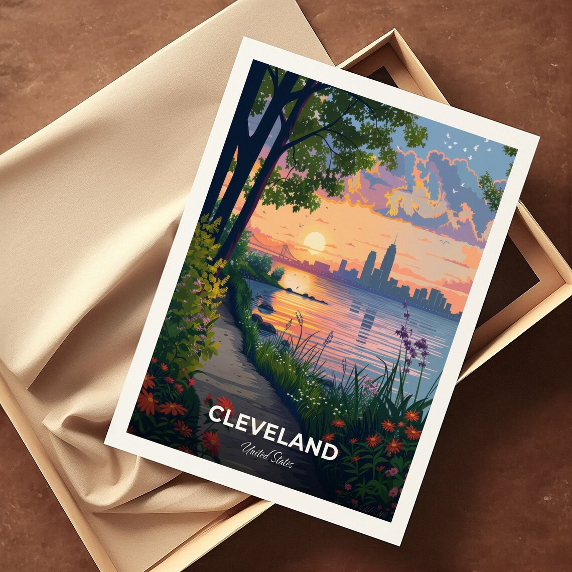 Cleveland Lake Erie Sunset Shore Path Wildflowers United States Poster - Image 3