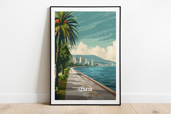 Izmir Turkey Kordon Seafront Promenade Travel Poster Palm Coast Art