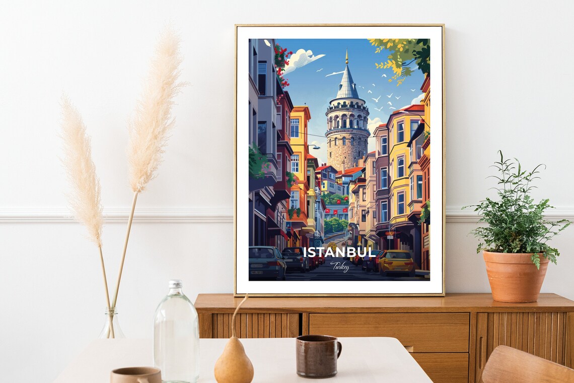 Istanbul Turkey Galata Tower Colorful Old Street Travel Poster - Image 2