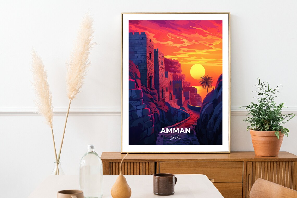 Amman Jordan Ancient Stone Fortress Towers Golden Sunset Travel Poster - Image 2