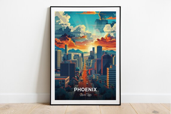 Phoenix Downtown Skyline Desert Sunset Mountains Travel Poster USA