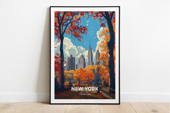New York Central Park Autumn Fall Foliage Travel Poster Skyline Art