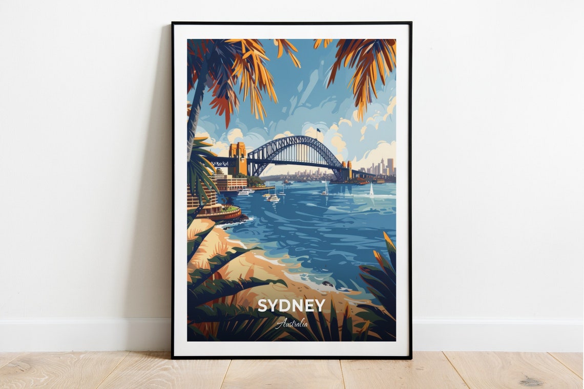 Sydney Harbour Bridge Palm Framed Beach View Travel Scene Poster