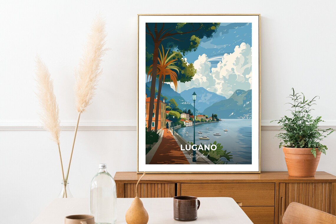 Lugano Switzerland Palm Promenade Lakeside Boats Mountain Travel Poster - Image 2