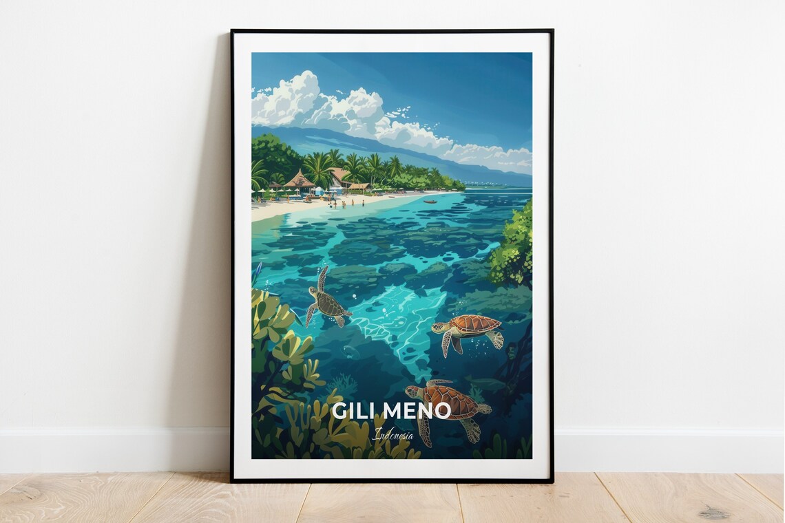 Gili Meno Sea Turtles Coral Reef Beach Indonesia Vintage Travel Poster