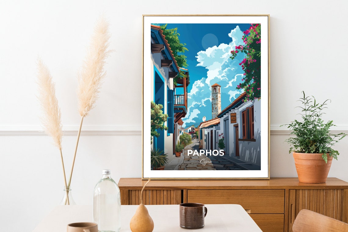 Paphos Cyprus Old Town Street Blue Shutters Bougainvillea Poster - Image 2