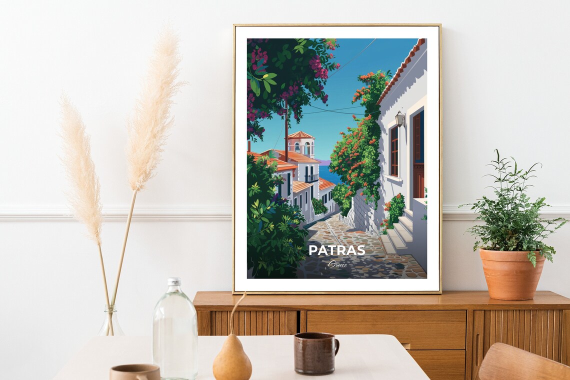 Patras Greece Whitewashed Alley with Bougainvillea Flowers Poster - Image 3