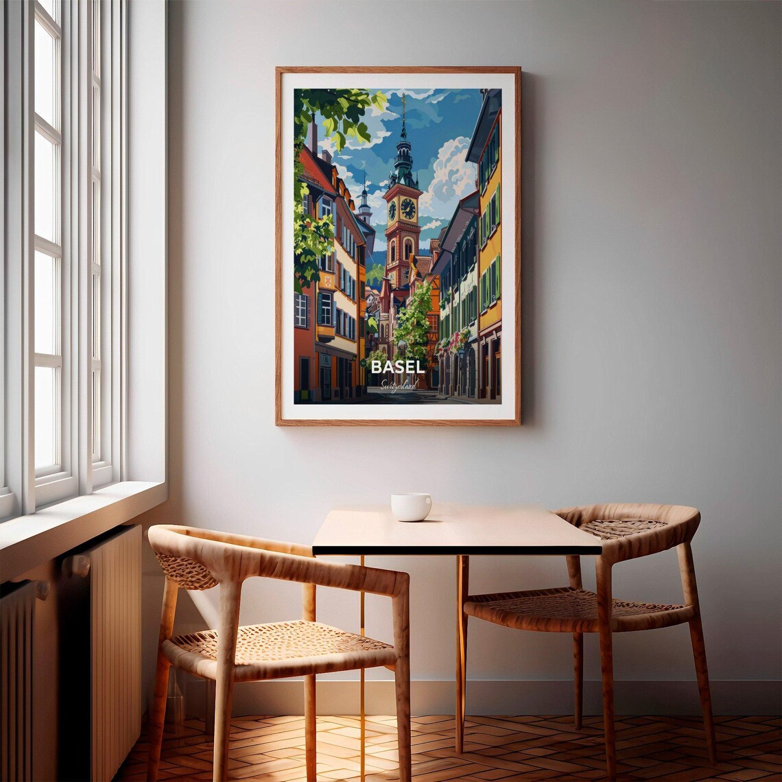 Basel Switzerland Old Town Street Clock Tower Sunny Art Poster - Image 2