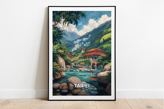 Taipei Beitou Hot Spring Mountain Bathhouse Valley Travel Scene Poster