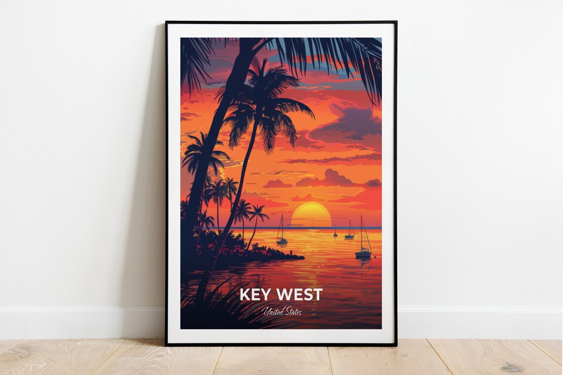 Key West Mallory Square Sunset Sailboats Palm Silhouette Travel Poster
