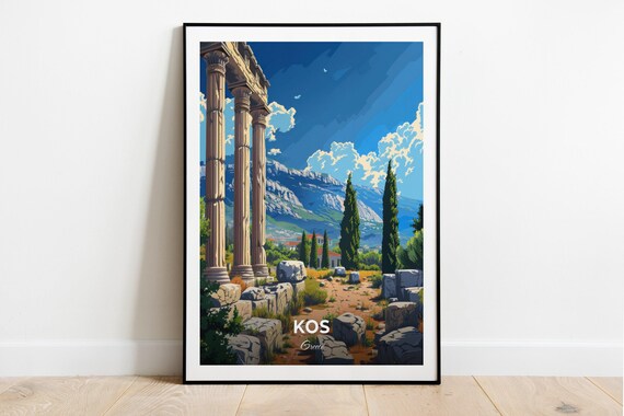 Kos Greece Ancient Stone Columns Ruins Cypress Trees Travel Poster