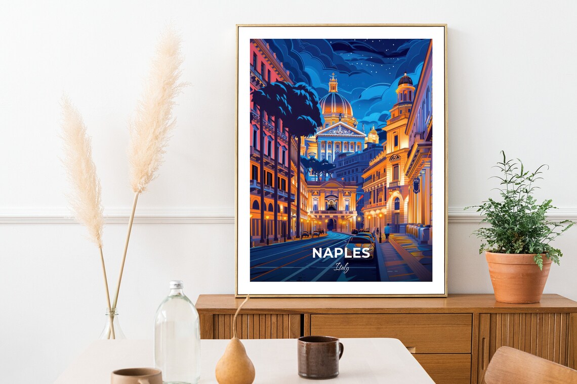 Naples Italy San Carlo Theatre Night Street Vintage Travel Poster - Image 2