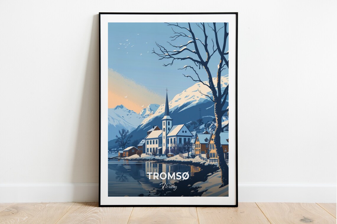 Tromso Norway Winter Village Church Snowy Mountains Fjord Poster