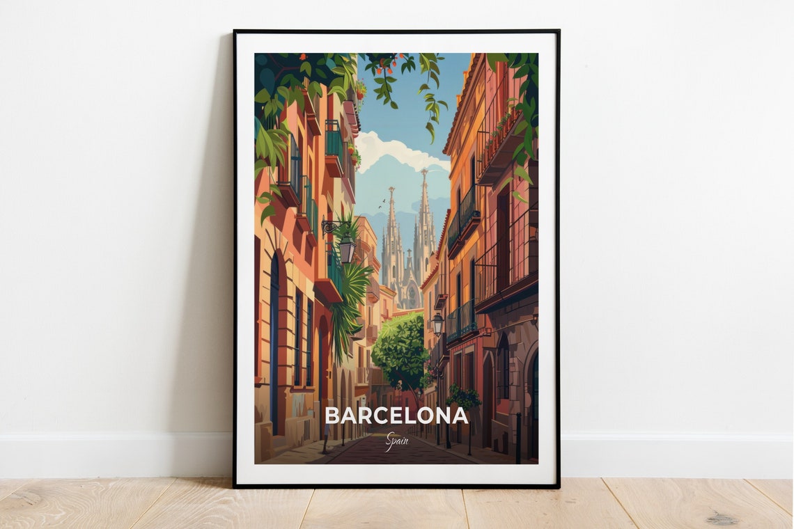 Barcelona Spain Gothic Quarter Cathedral Street Old Town Travel Poster