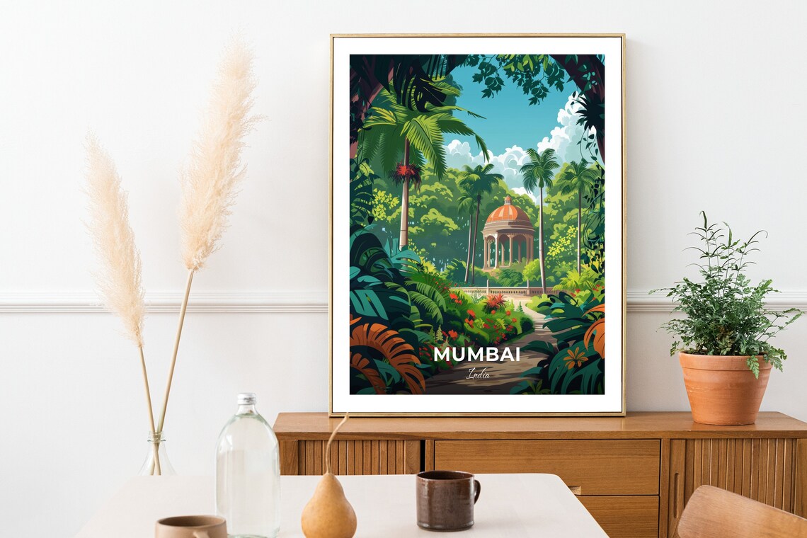 Mumbai India Travel Poster Lush Tropical Garden Gazebo Artwork - Image 2