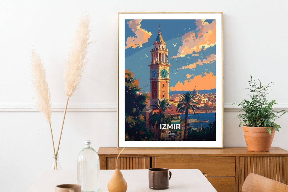 Izmir Turkey Historic Clock Tower Travel Poster Sunset Skyline Art - Image 2