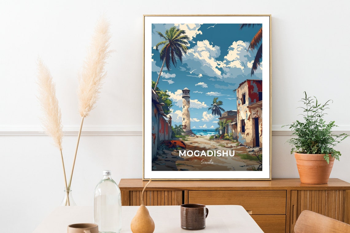 Mogadishu Somalia Travel Poster Old Lighthouse Coastal Scene Artwork - Image 2