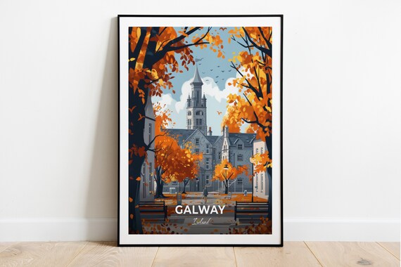 Galway Autumn Courtyard Historic Clock Tower Ireland Travel Poster