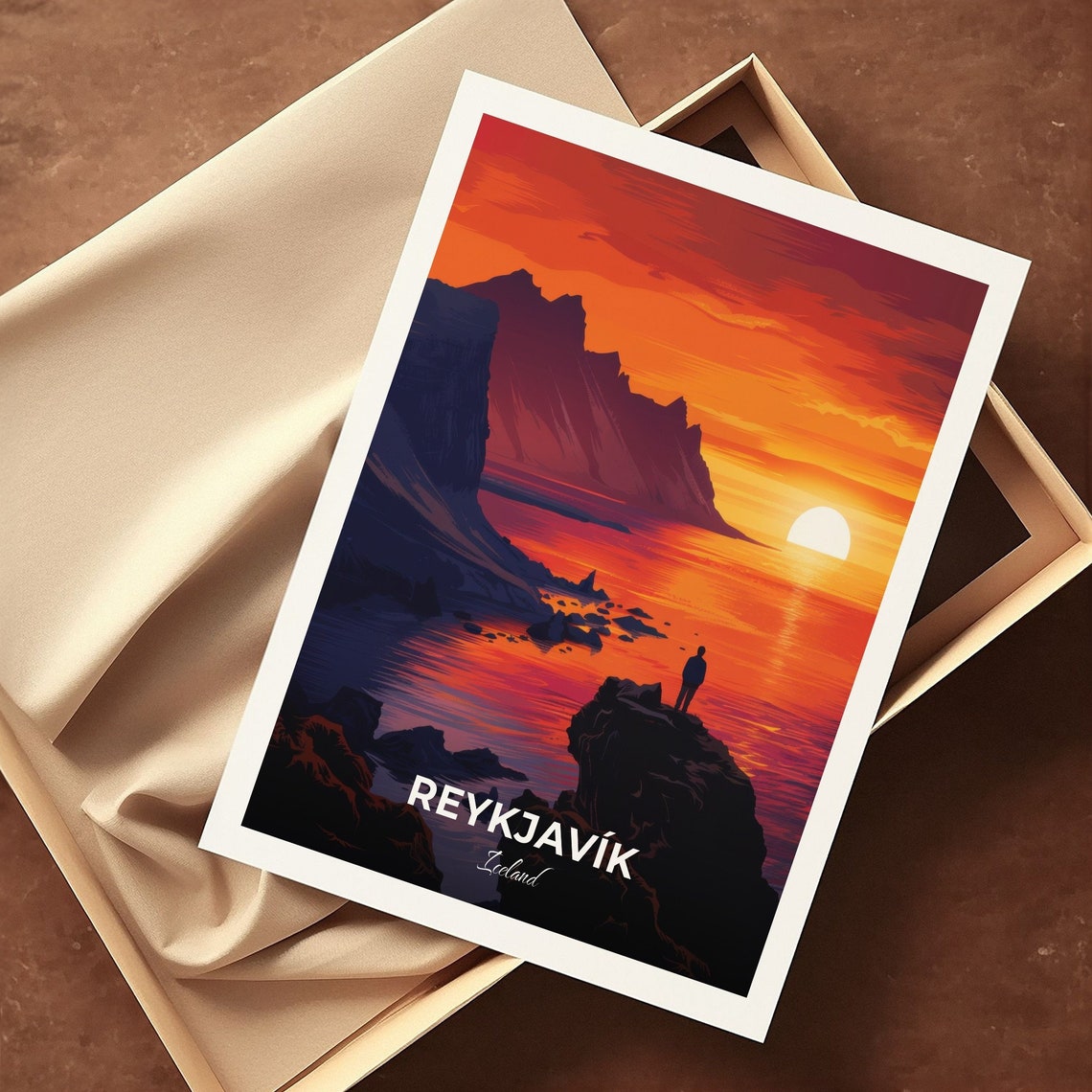 Reykjavik Iceland Travel Poster Fiery Sunset Sea Cliff Artwork - Image 3