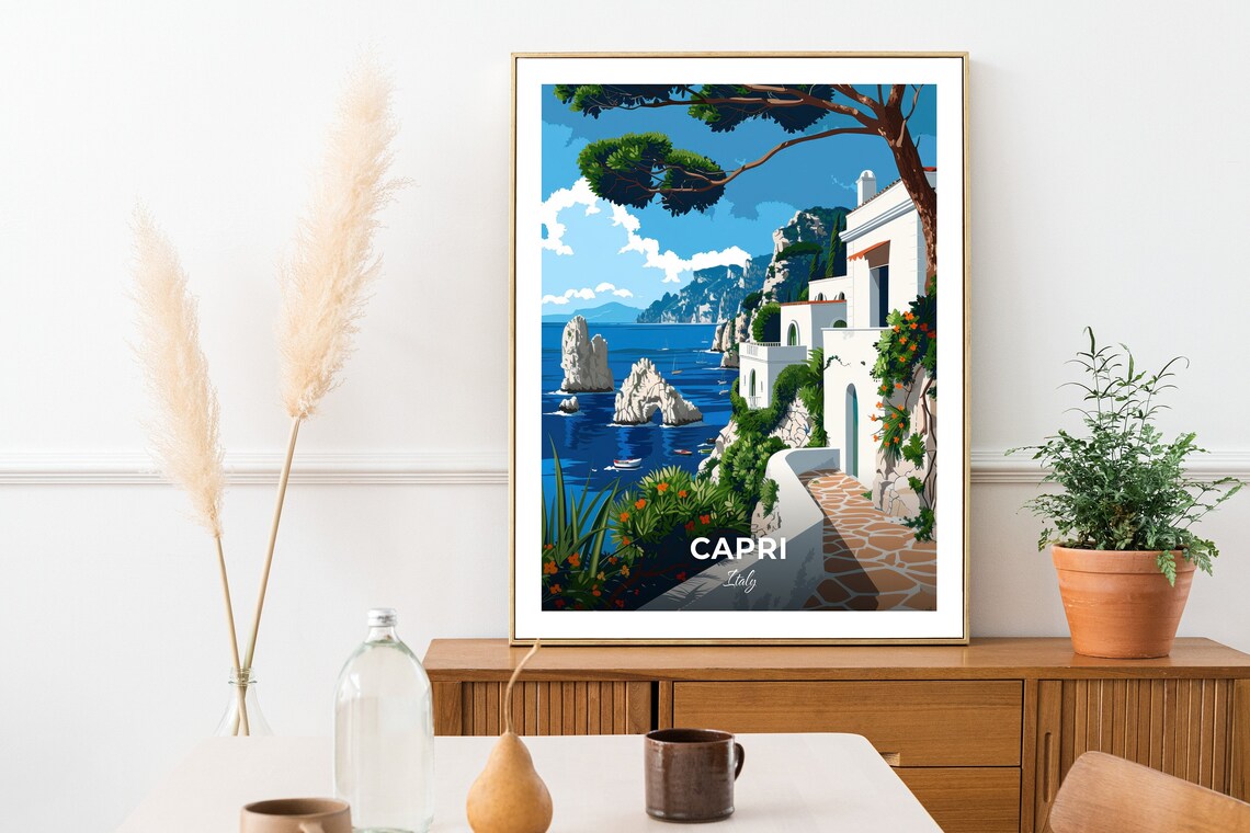 Capri Italy Cliffside Villa Terrace Faraglioni Sea View Travel Poster - Image 2