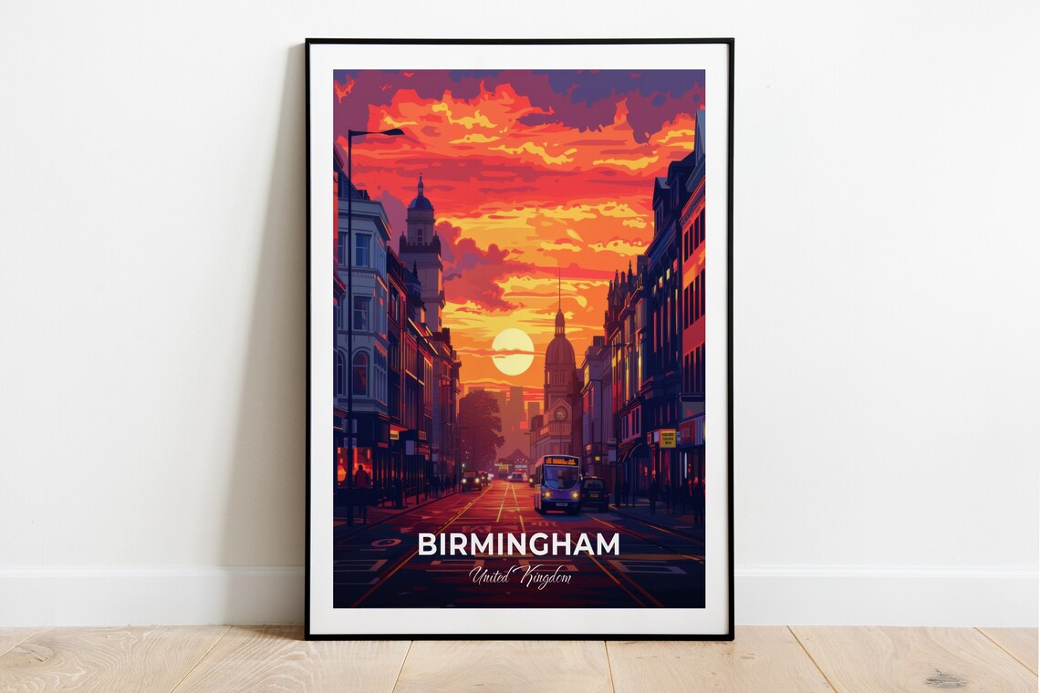 Birmingham United Kingdom Broad Street Sunset Buses Dramatic Sky Poster