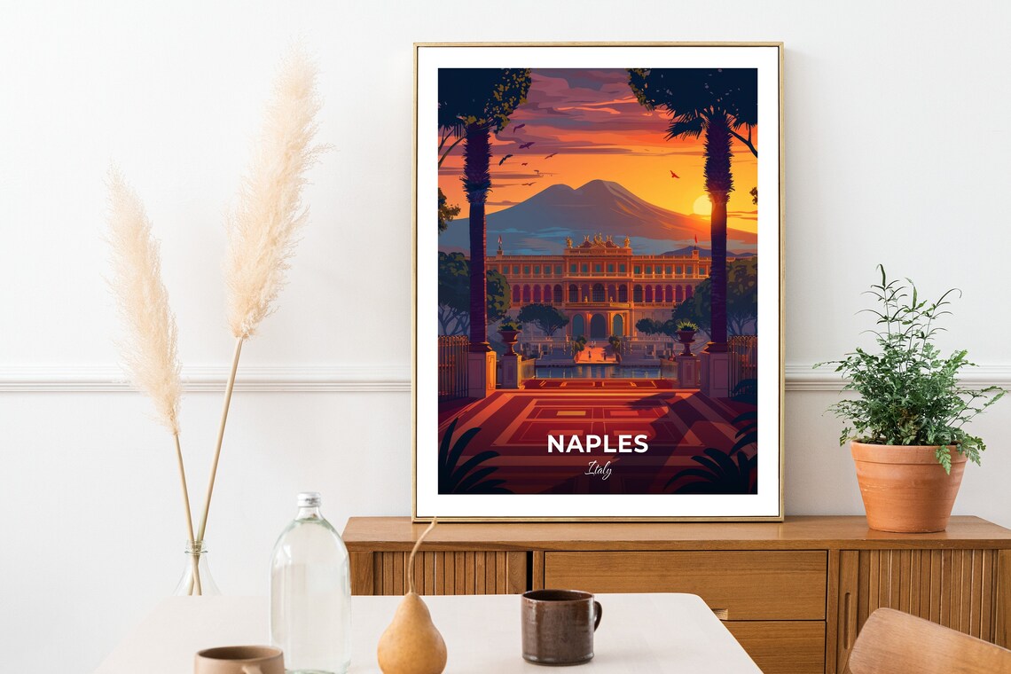 Naples Italy Royal Palace Sunset Mount Vesuvius Bay Travel Poster - Image 2