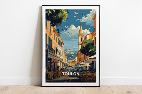 Toulon France Sunny Cafe Street Church Spire Coast Travel Poster