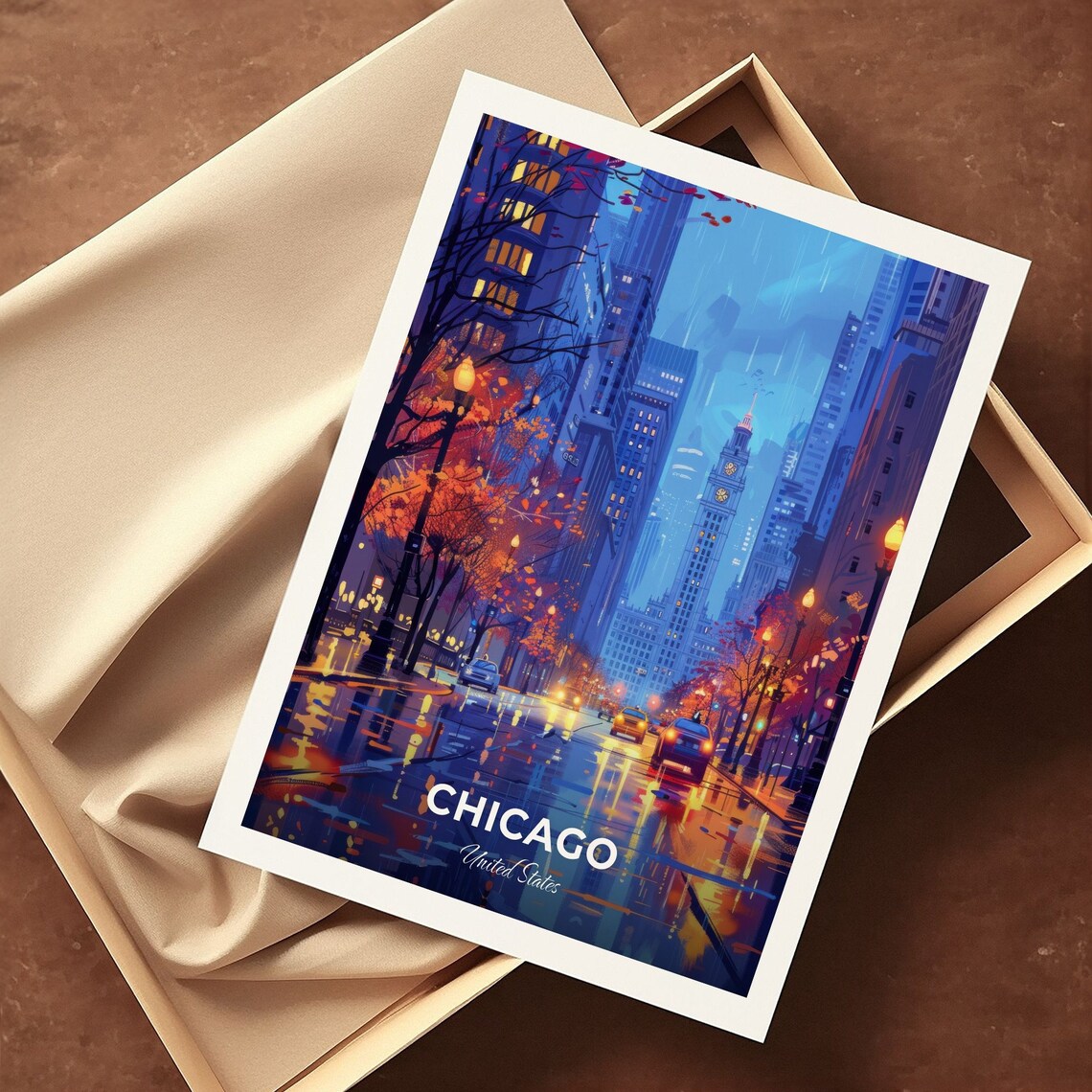 Chicago Magnificent Mile Rainy Night Clock Tower United States Poster - Image 3