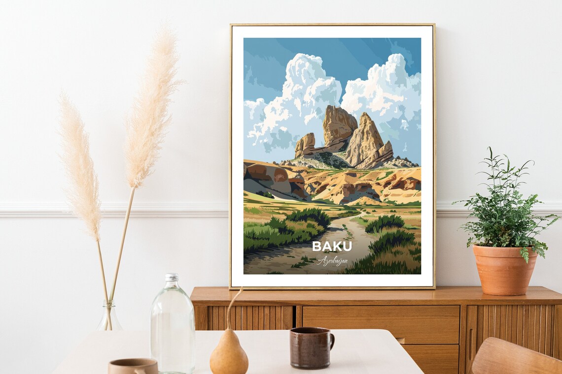 Baku Azerbaijan Gobustan Desert Rock Formations Steppe Travel Poster - Image 2