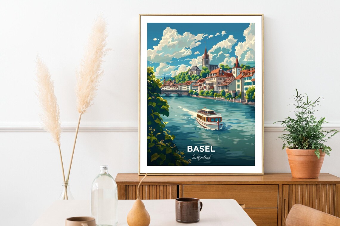 Basel Switzerland River Boat Old Town Church Spires Travel Poster - Image 3