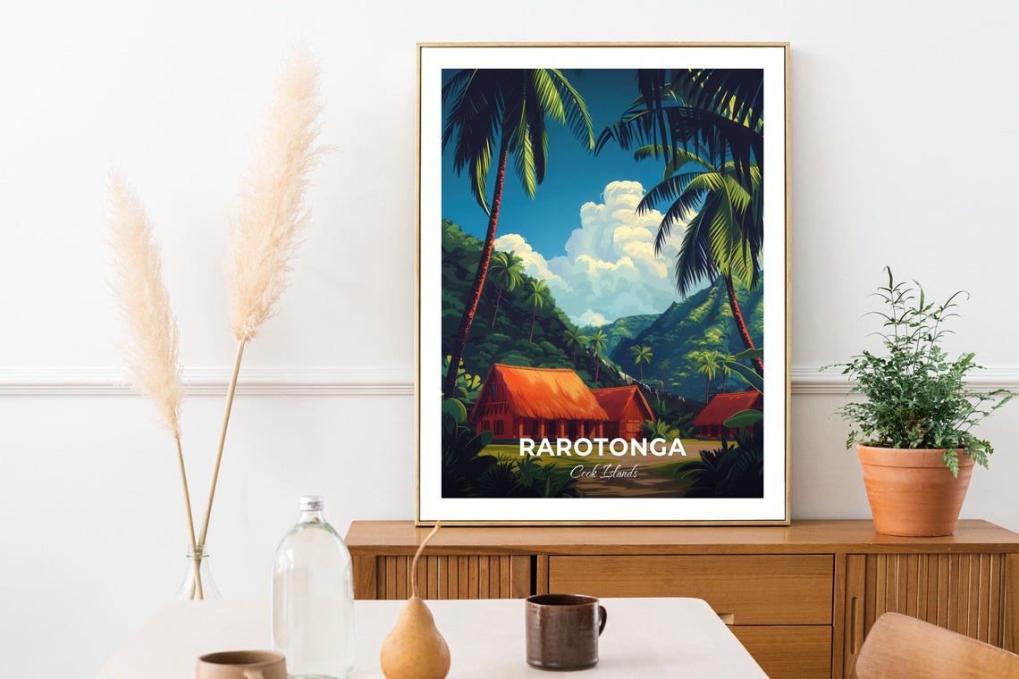 Rarotonga Cook Islands Palm Village Mountain View Travel Poster - Image 3