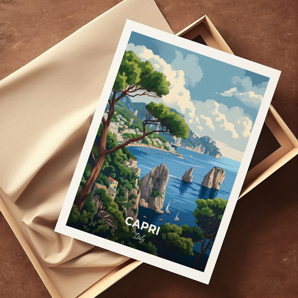 Capri Italy Faraglioni Sea Stacks Sailboats Pine Coast Travel Poster - Image 3