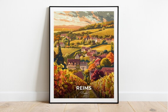 Reims France Autumn Vineyards Village Wine Country Travel Poster