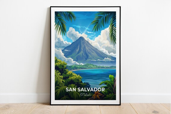 San Salvador Volcano Cone Lake Tropical Jungle Travel Poster