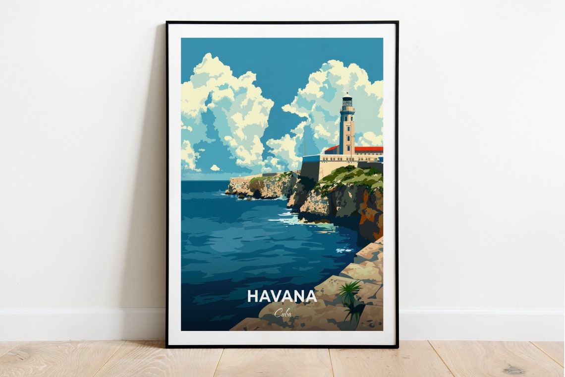 Havana Cuba Morro Castle Lighthouse Rocky Coast Travel Poster
