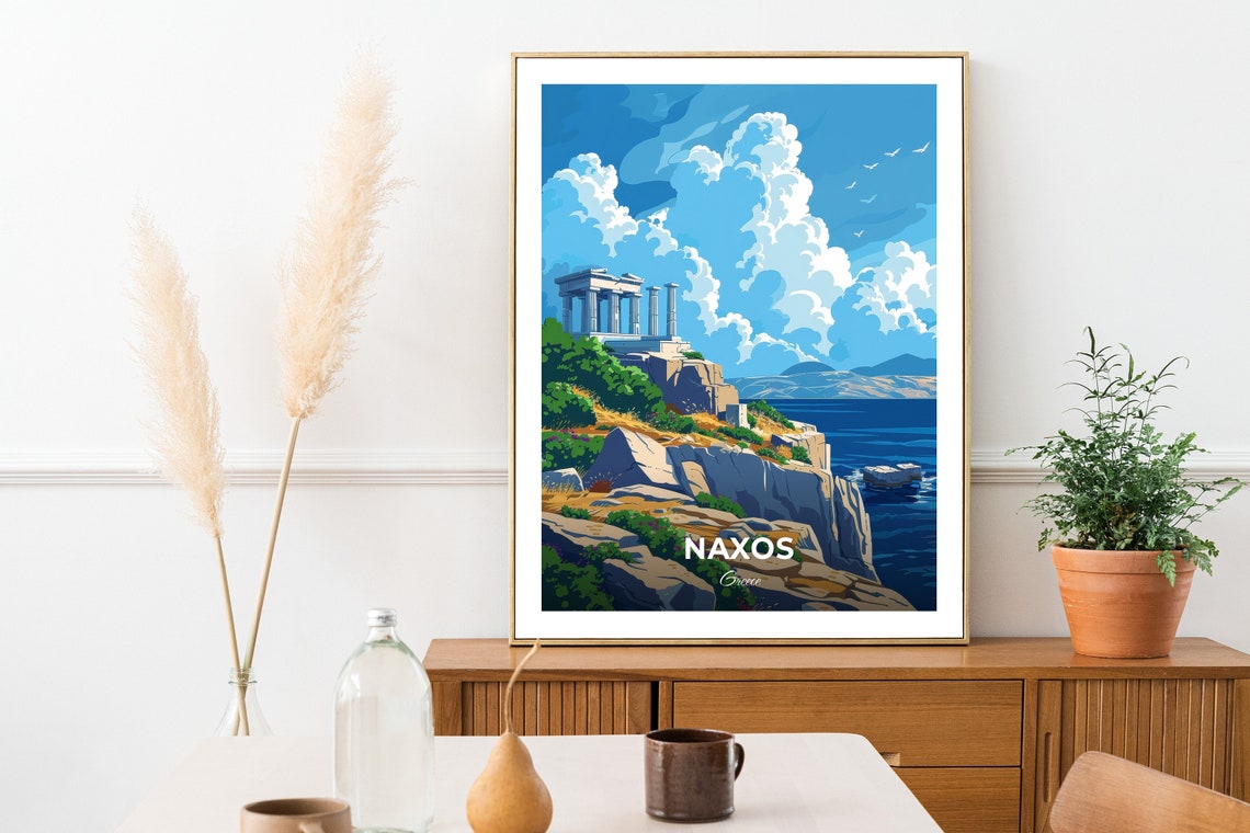 Naxos Ancient Temple on Rocky Cliffs by the Sea Greece Travel Poster - Image 2