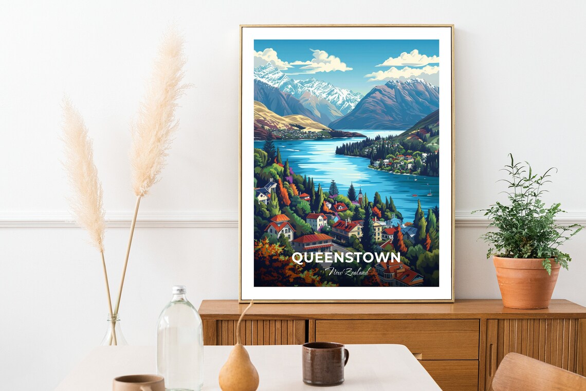 Queenstown Lake Wakatipu Snowy Peaks Lakeside Town Travel Poster - Image 2