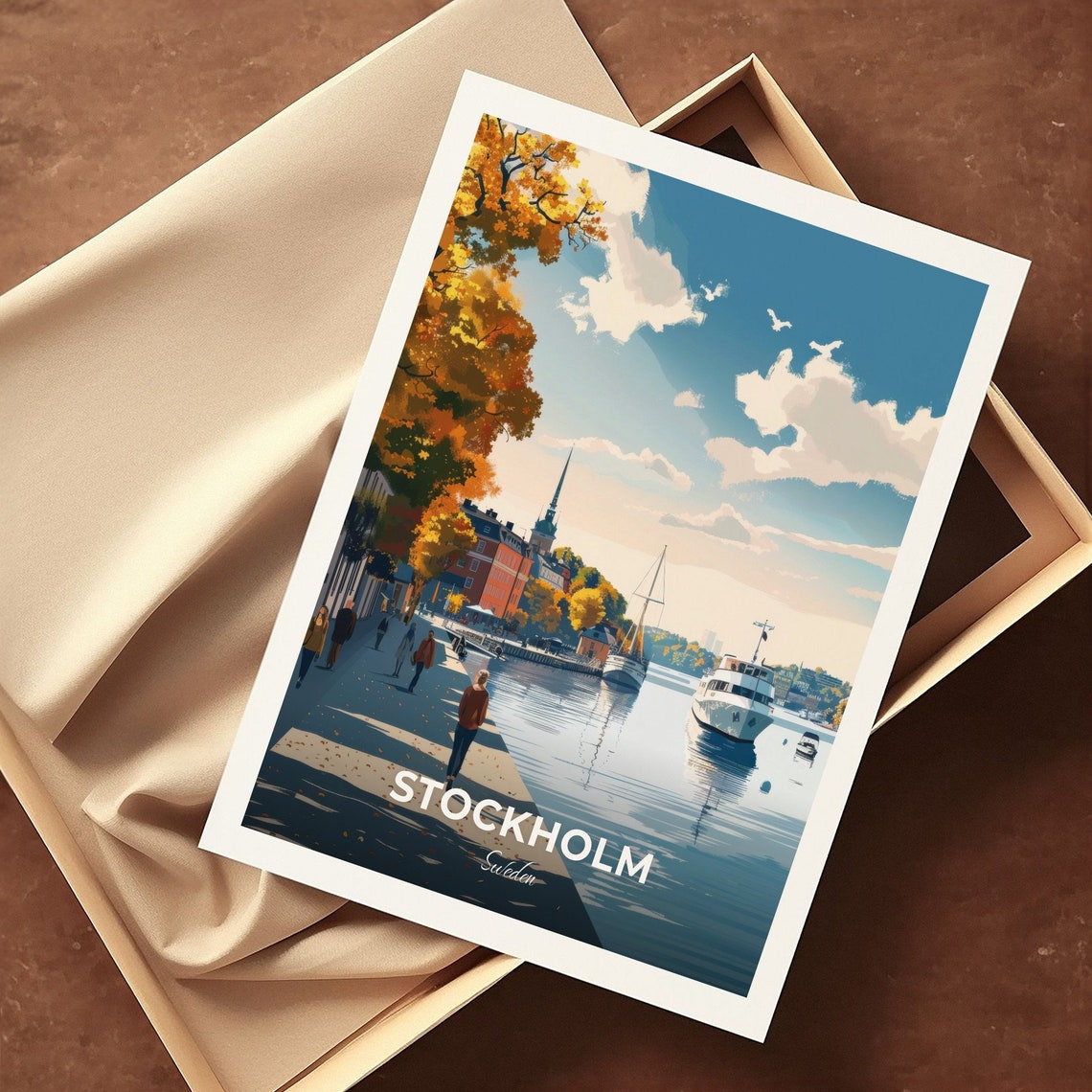 Stockholm Sweden Autumn Waterfront Boats Strollers Sunny Day Poster - Image 3