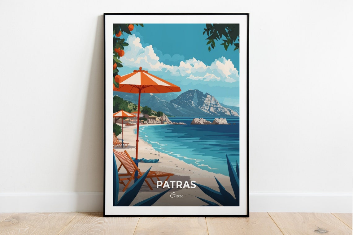Sunny Patras Greece Sandy Beach with Orange Parasol Summer Poster