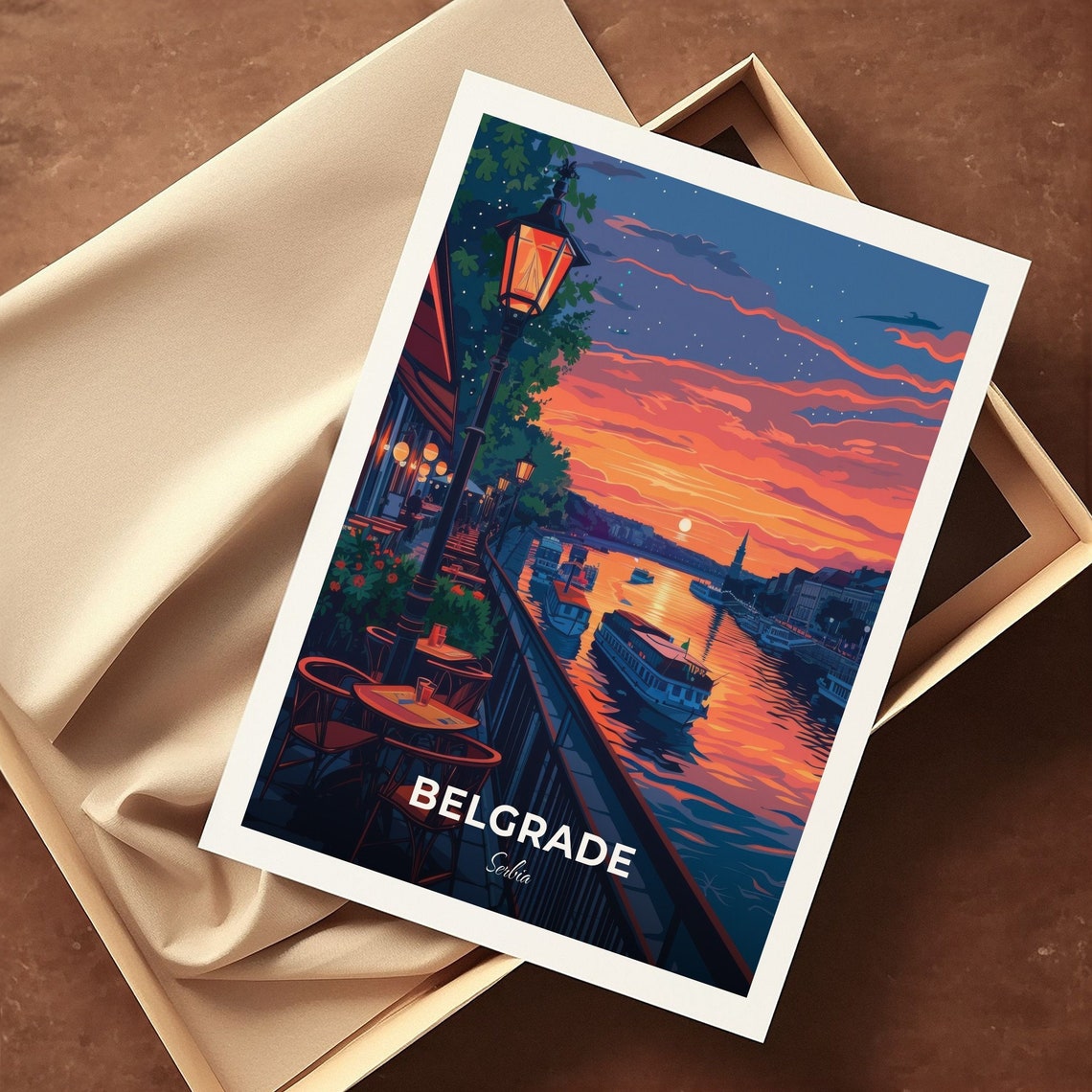 Belgrade Zemun Quay Riverside Sunset Cafes Boats Travel Poster - Image 3