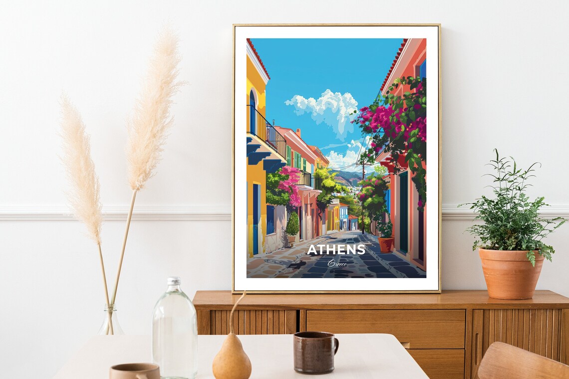 Athens Greece Plaka Street Lined with Bougainvillea Travel Poster - Image 3