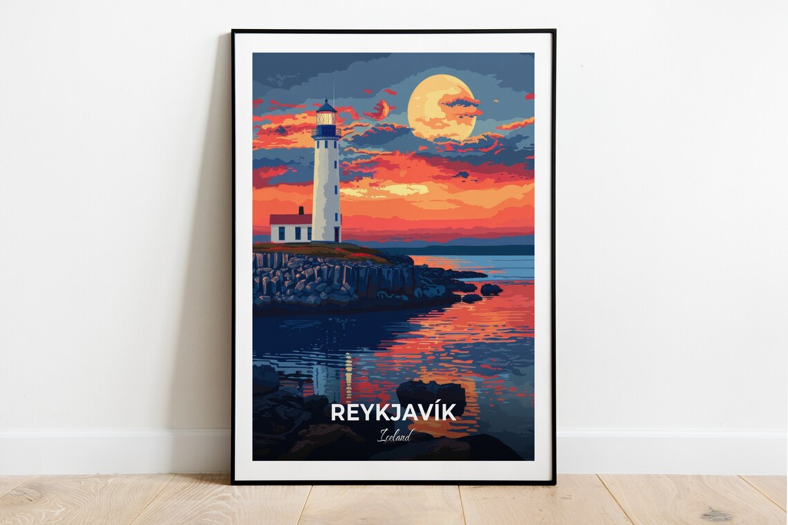 Reykjavik Iceland Lighthouse Sunset Moon Coastal Travel Poster