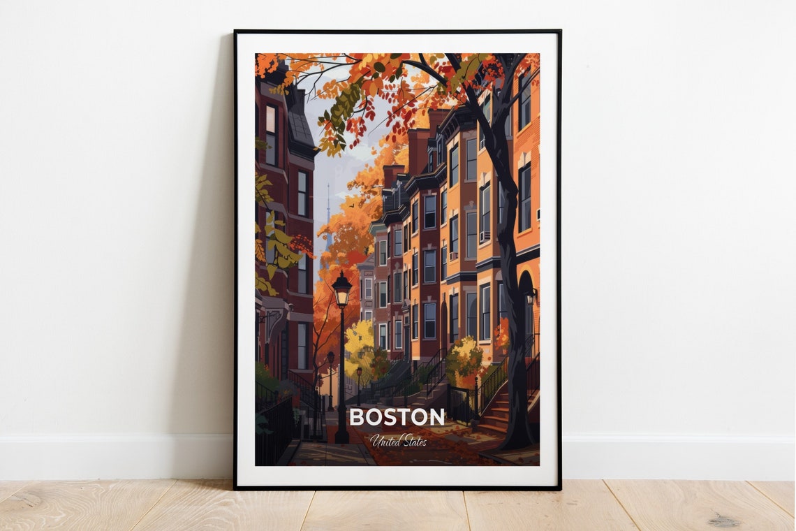 Boston Beacon Hill Autumn Brownstone Street Fall Travel Scene Poster