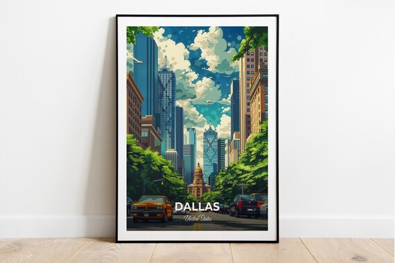 Dallas Downtown Street Skyline Classic Cars City Travel Poster