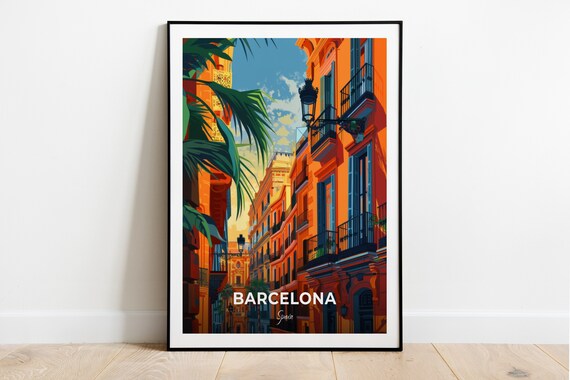 Barcelona Spain Old Town Orange Facades Street Scene Travel Poster