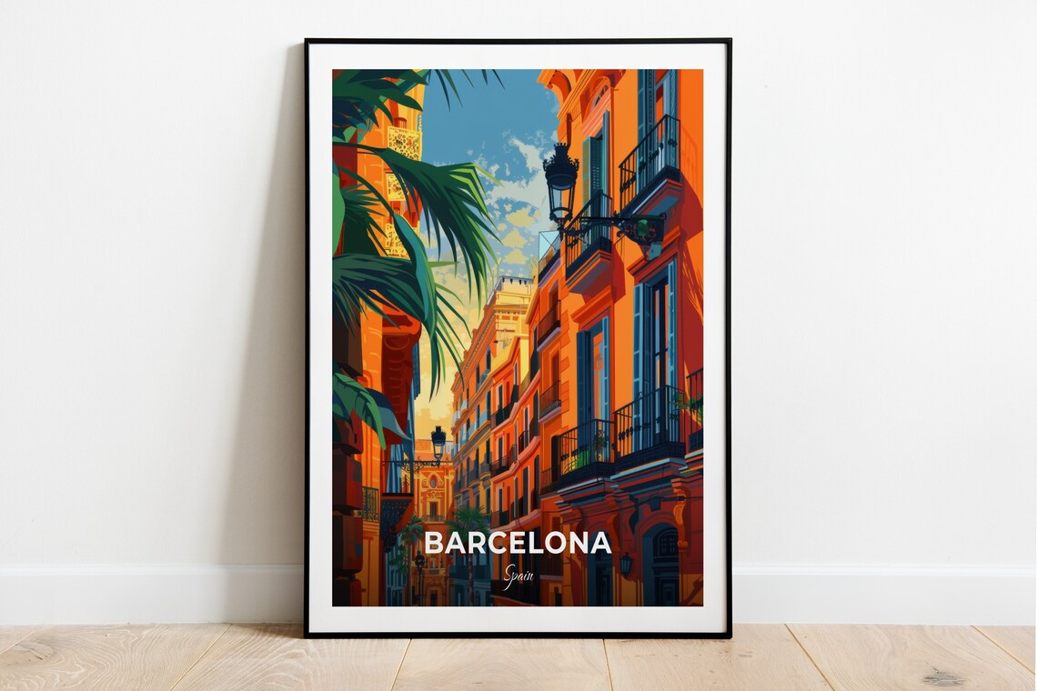 Barcelona Spain Old Town Orange Facades Street Scene Travel Poster