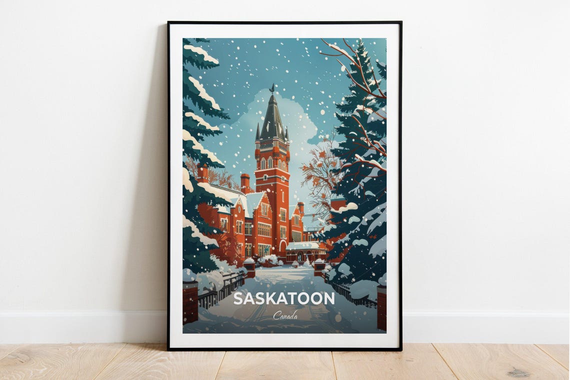 Saskatoon Canada Snowy Winter Red Brick Campus Scene Art Poster