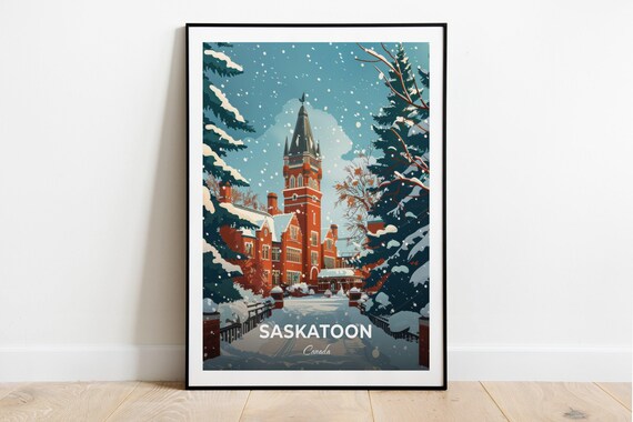Saskatoon Canada Snowy Winter Red Brick Campus Scene Art Poster