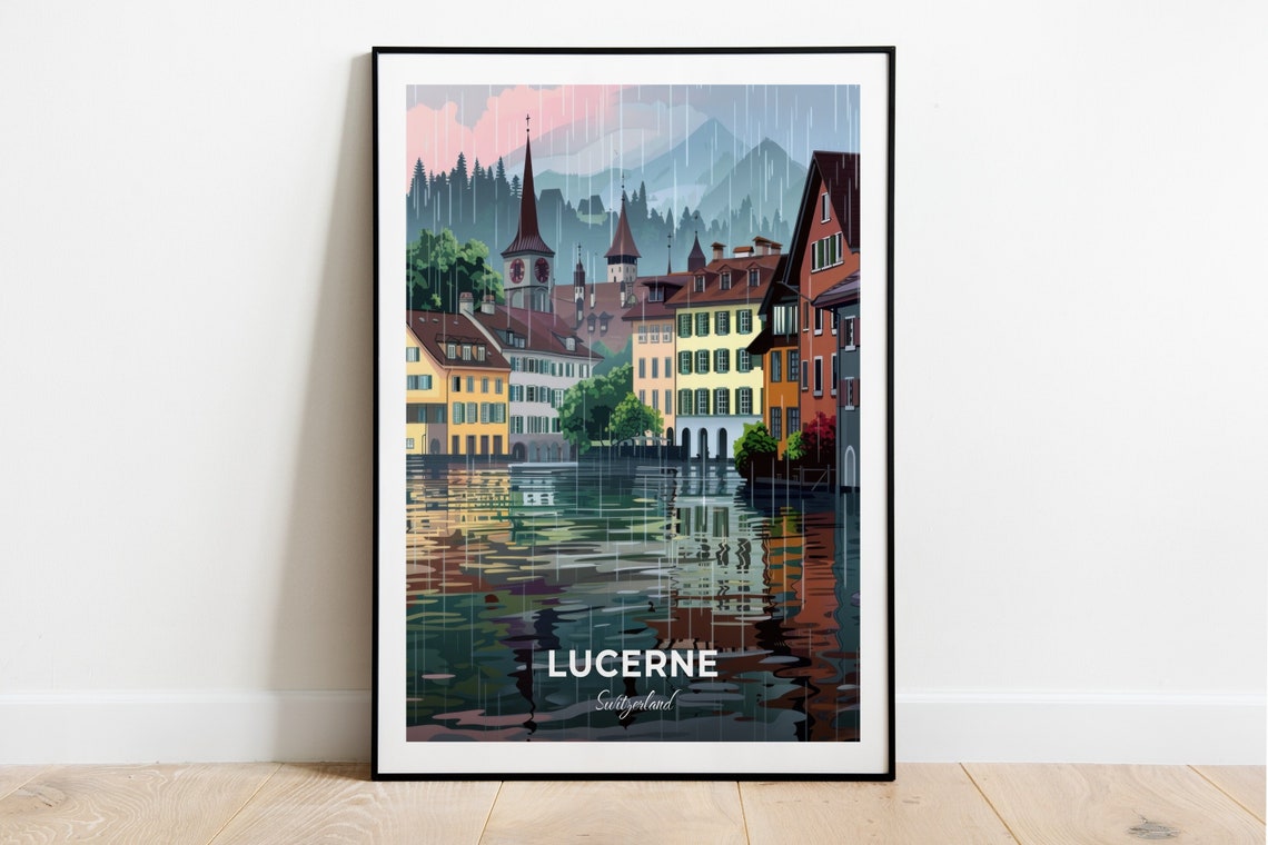 Lucerne Switzerland Rainy Old Town Clock Tower Lake Reflection Poster