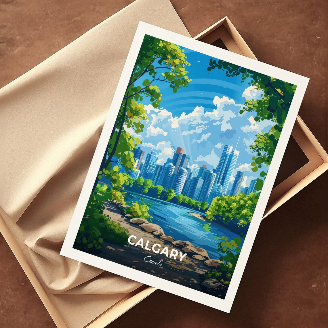 Calgary Canada Skyline River Trees Princes Island Park Sunny Day Poster - Image 3